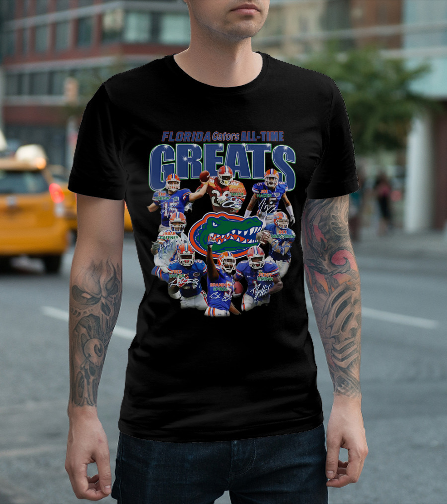 FLORIDA GATORS LEGENDARY GREATS TIM TEBOW KEWAN ALUMBAUGH JOE HADEN JABAR GAFFNEY BRADEN SPURRIER PERCY HARVIN NFL SIGNATURES T-Shirt