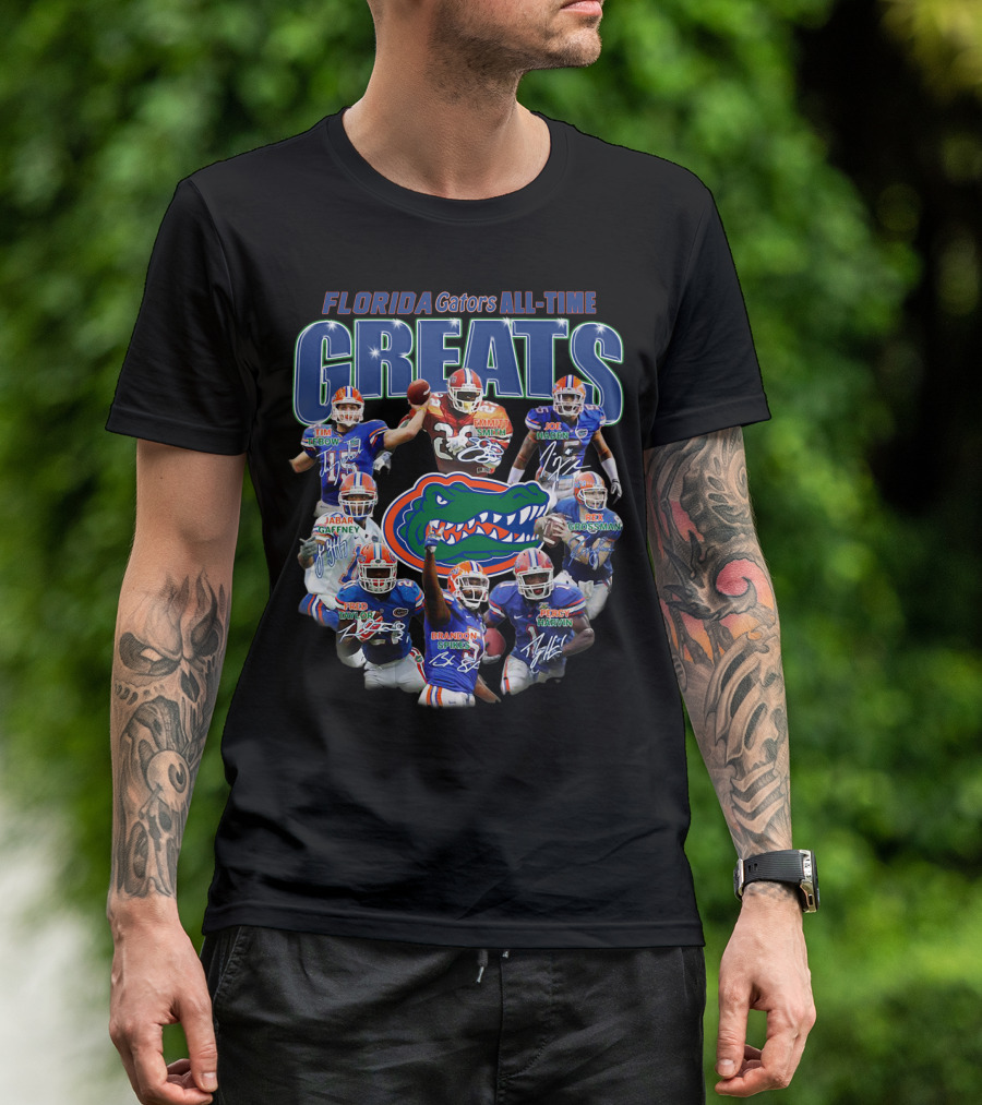 Florida Gators Legendary Greats Tim Tebow Kewan Alumbaugh Joe Haden Jabar Gaffney Braden Spurrier Percy Harvin NFL Signatures T-Shirt