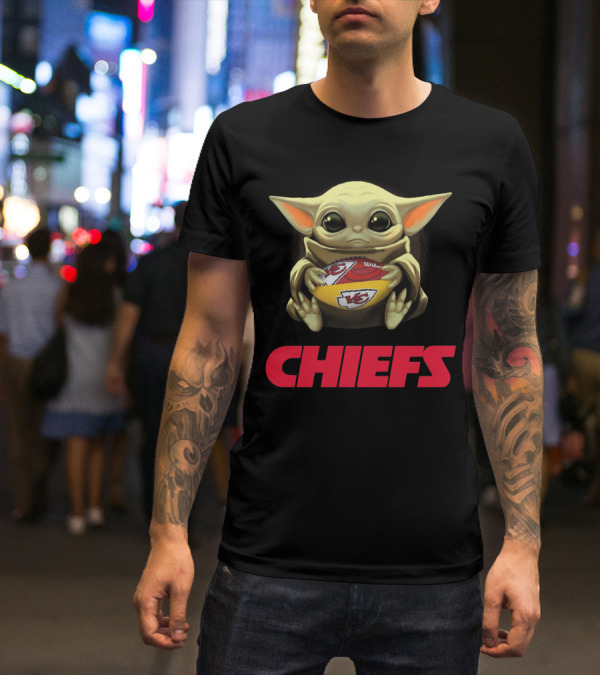 Baby Yoda Hugging Kansas City Chiefs Football T-Shirt