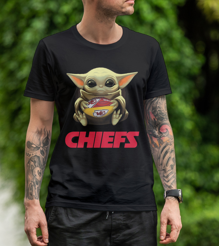 Baby Yoda Hugging Kansas City Chiefs Football T-Shirt