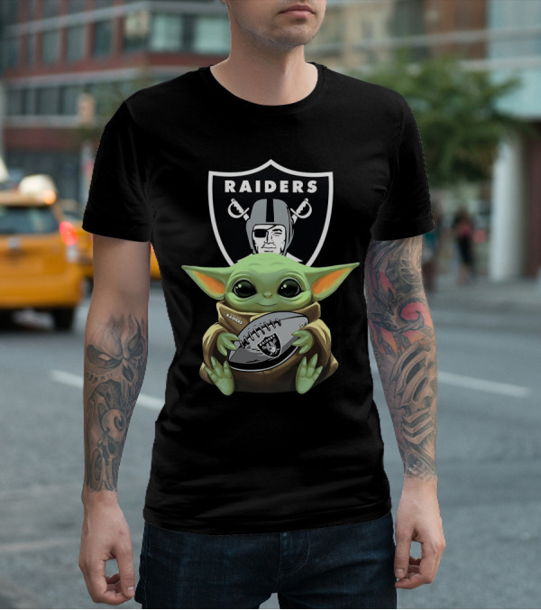 Raiders Baby Yoda Hugs Football With Shield T-Shirt
