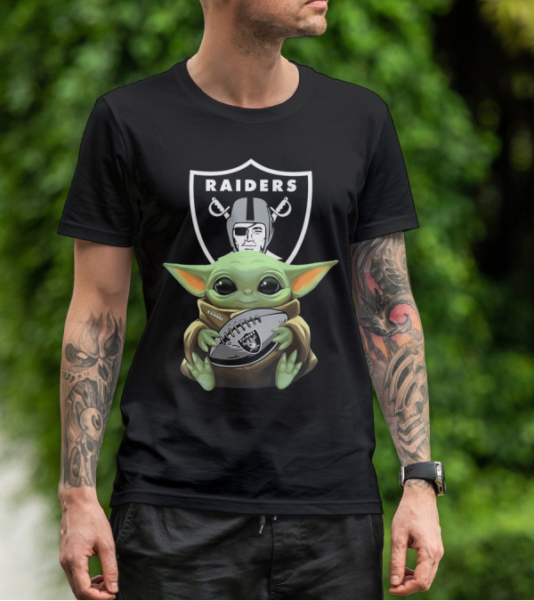 Raiders Baby Yoda Hugs Football With Shield T-Shirt