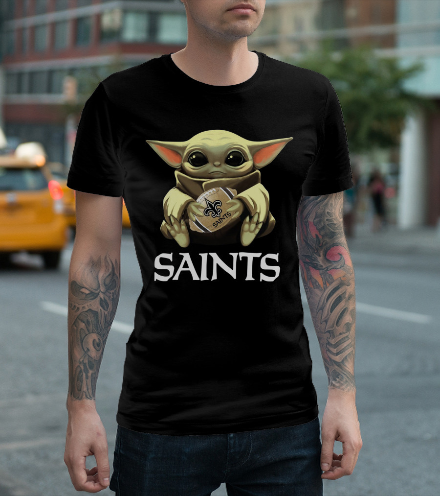 Baby Yoda Holding New Orleans Saints Football T-Shirt