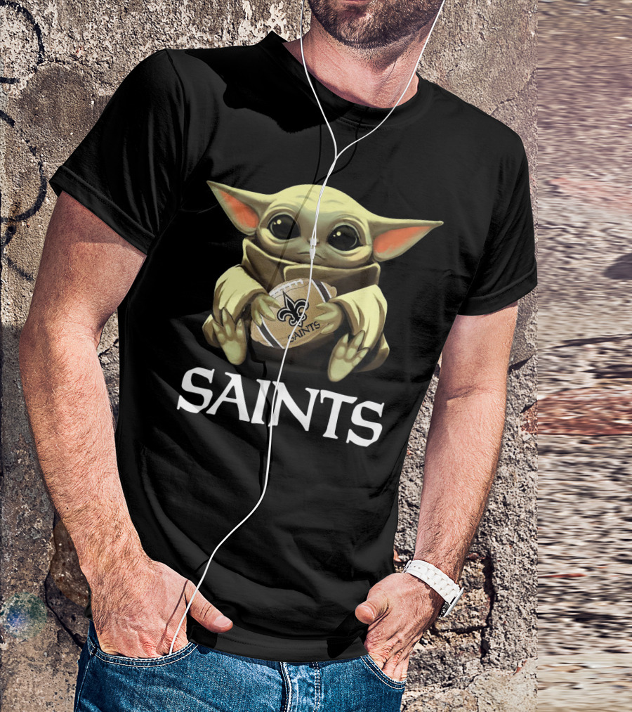 Baby Yoda Holding New Orleans Saints Football T-Shirt