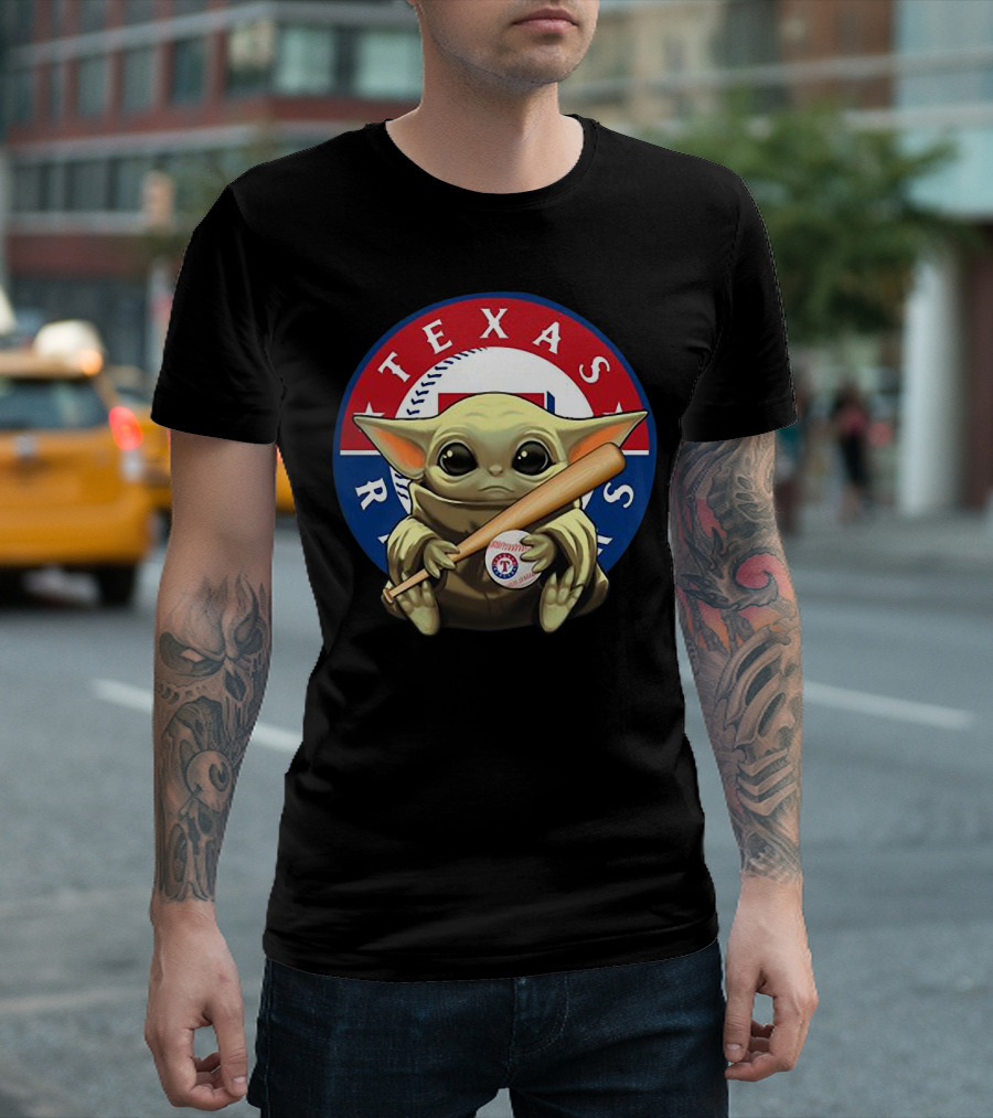 Baby Yoda Texas Rangers Baseball Fan With Bat And Ball T-Shirt