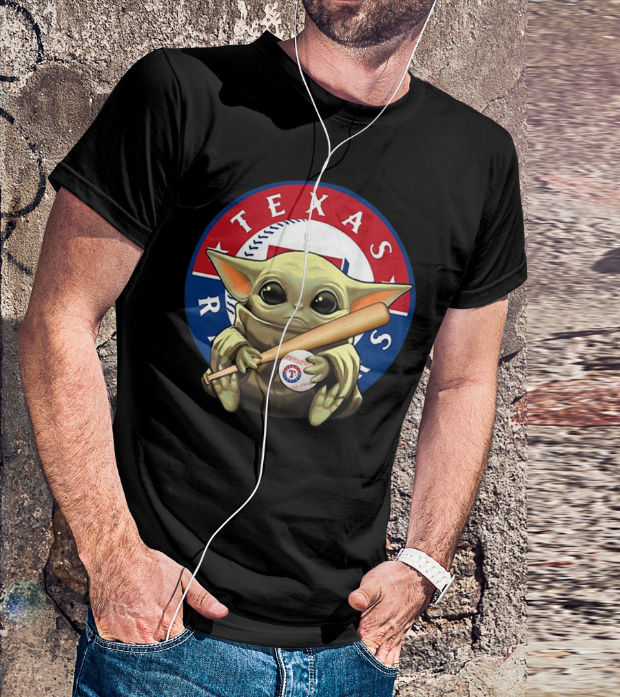 Baby Yoda Texas Rangers Baseball Fan With Bat And Ball T-Shirt