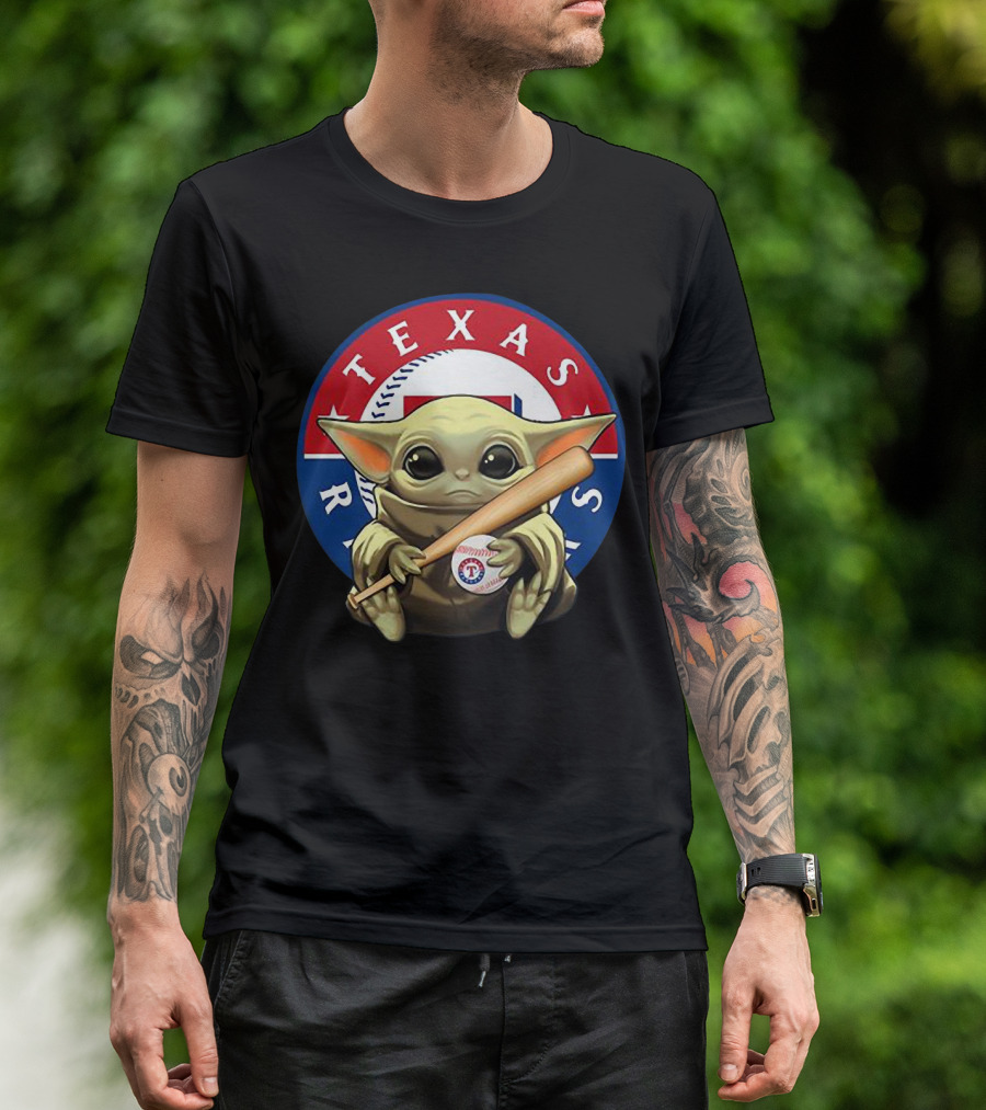Baby Yoda Texas Rangers Baseball Fan With Bat And Ball T-Shirt