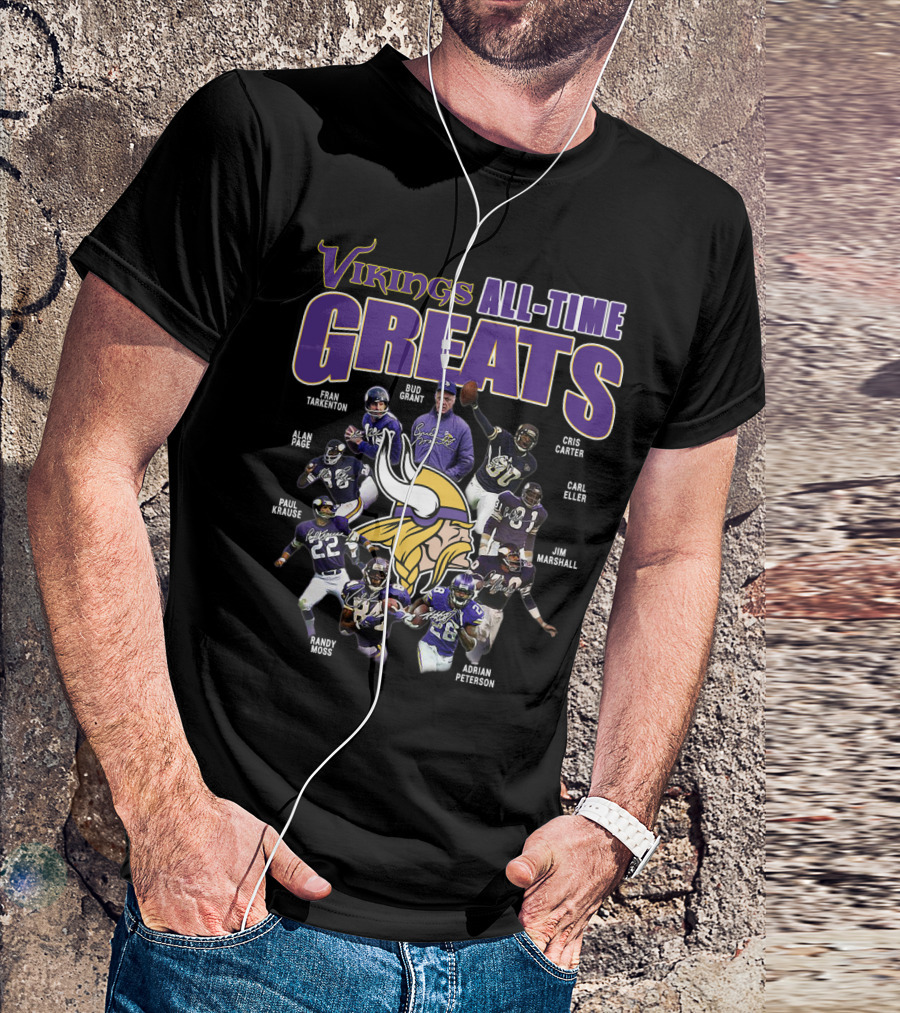 Vikings All-Time Greats Fran Tarkenton Bud Grant Cris Carter Alan Page Paul Krause Randy Moss Adrian Peterson Carl Eller Jim Marshall T-Shirt