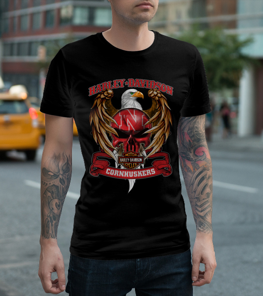 Harley Davidson Cornhuskers Nebraska N Eagle Skull Motor Cycles T-Shirt