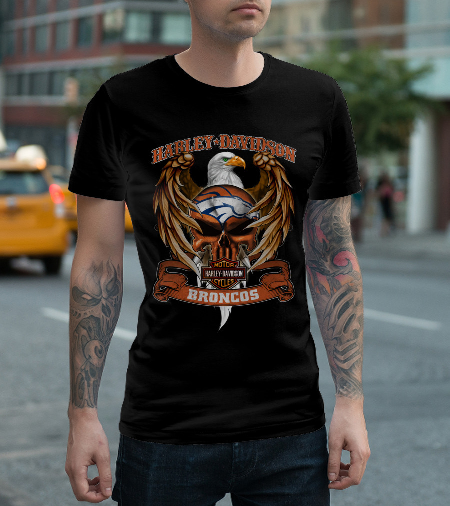 Harley Davidson Broncos Motor Cycles Denver Nfl Eagle Skull T-Shirt