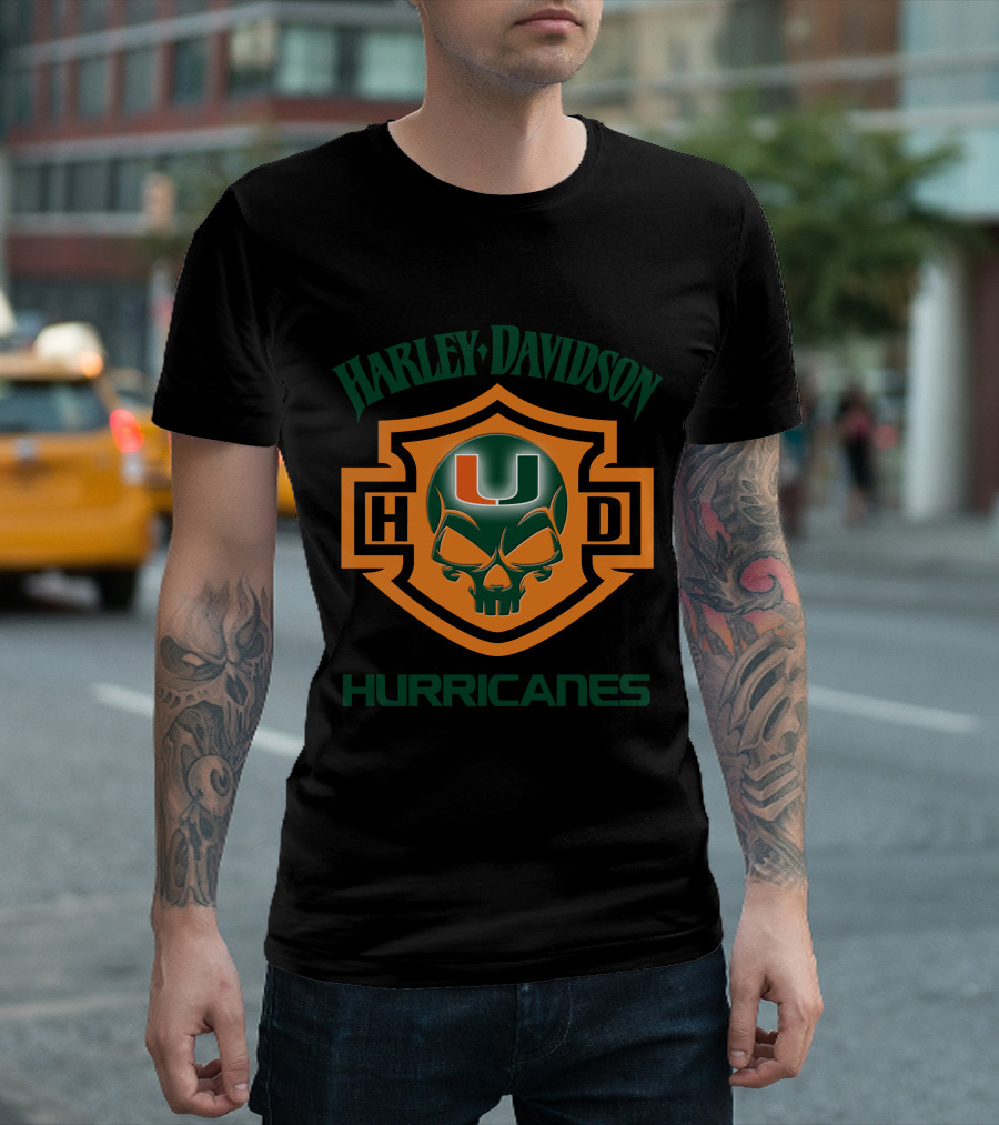 Harley Davidson Hurricanes Miami U Logo Skull Design For Ncaa Football Fans T-Shirt