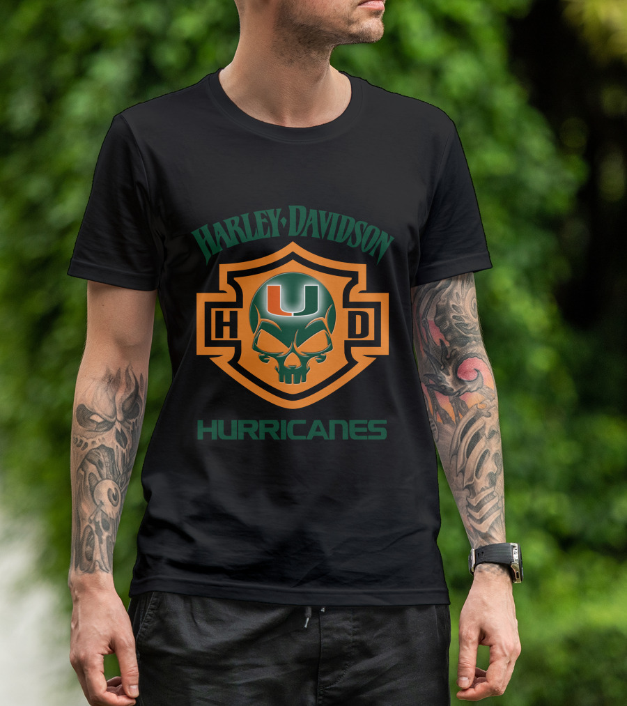 Harley Davidson Hurricanes Miami U Logo Skull Design For Ncaa Football Fans T-Shirt