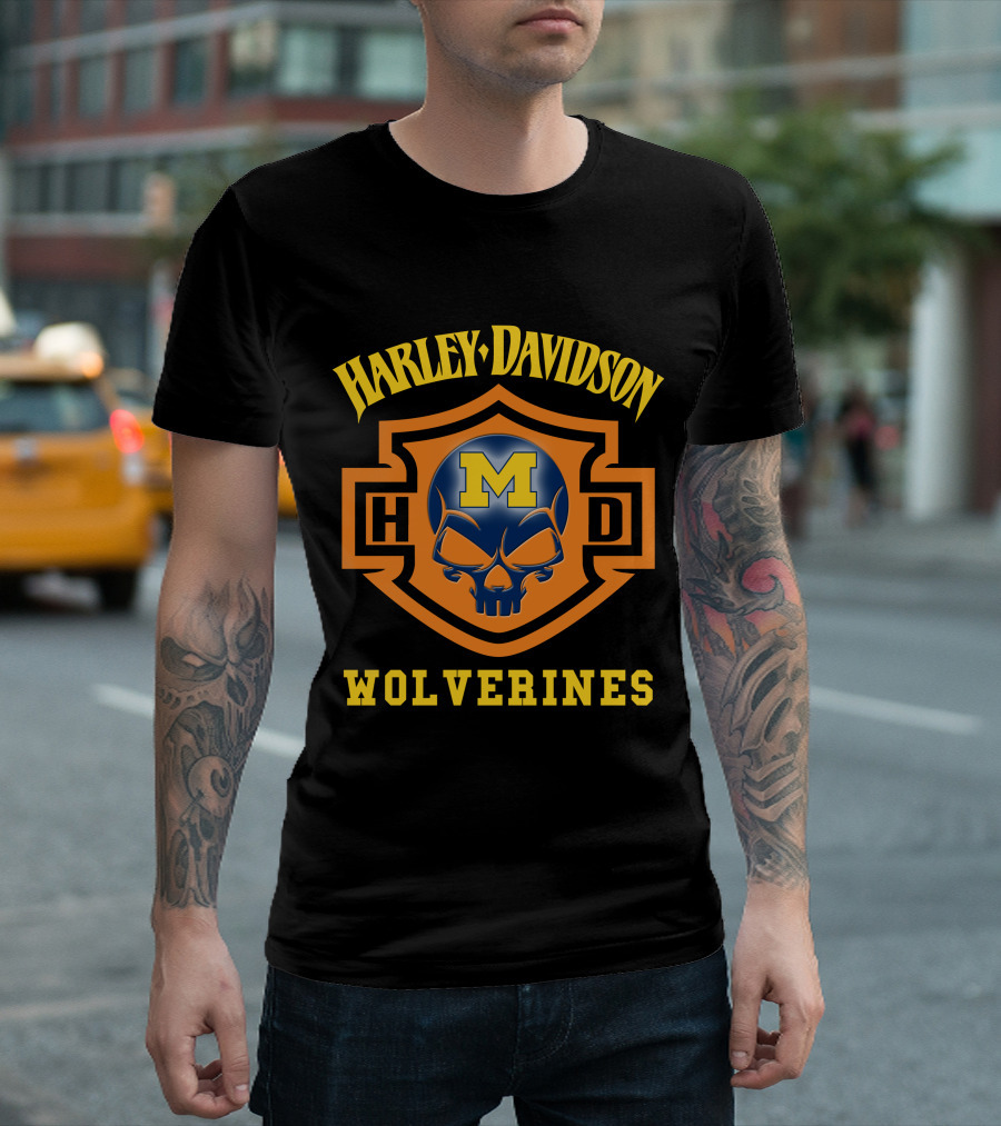 Harley Davidson Wolverines Hd Ncaa Football Skull M T-Shirt