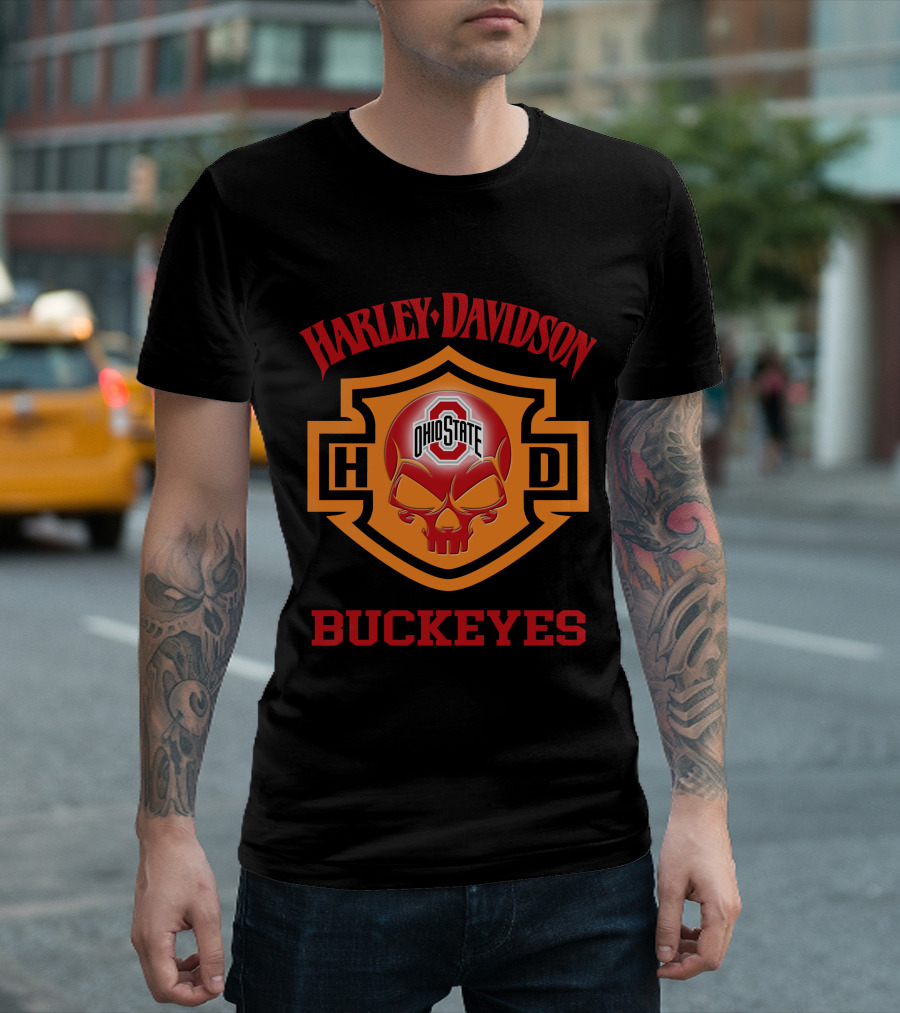 Ohio State Buckeyes Harley Davidson Fans Hd Skull T-Shirt