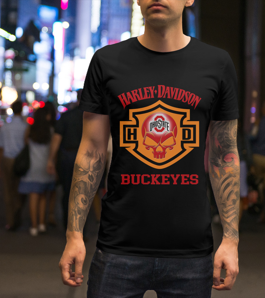 Ohio State Buckeyes Harley Davidson Fans Hd Skull T-Shirt