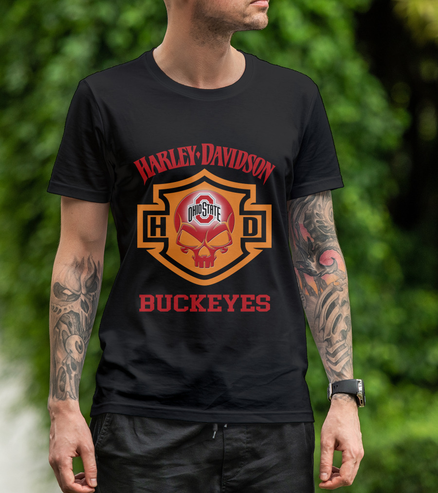 Ohio State Buckeyes Harley Davidson Fans Hd Skull T-Shirt