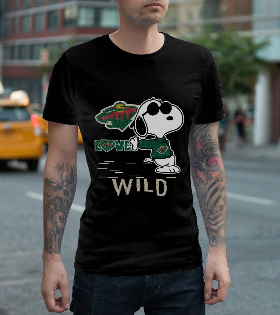 Snoopy Wearing Minnesota Wild Hockey Jersey with Love Wild Logo Elements T-Shirt