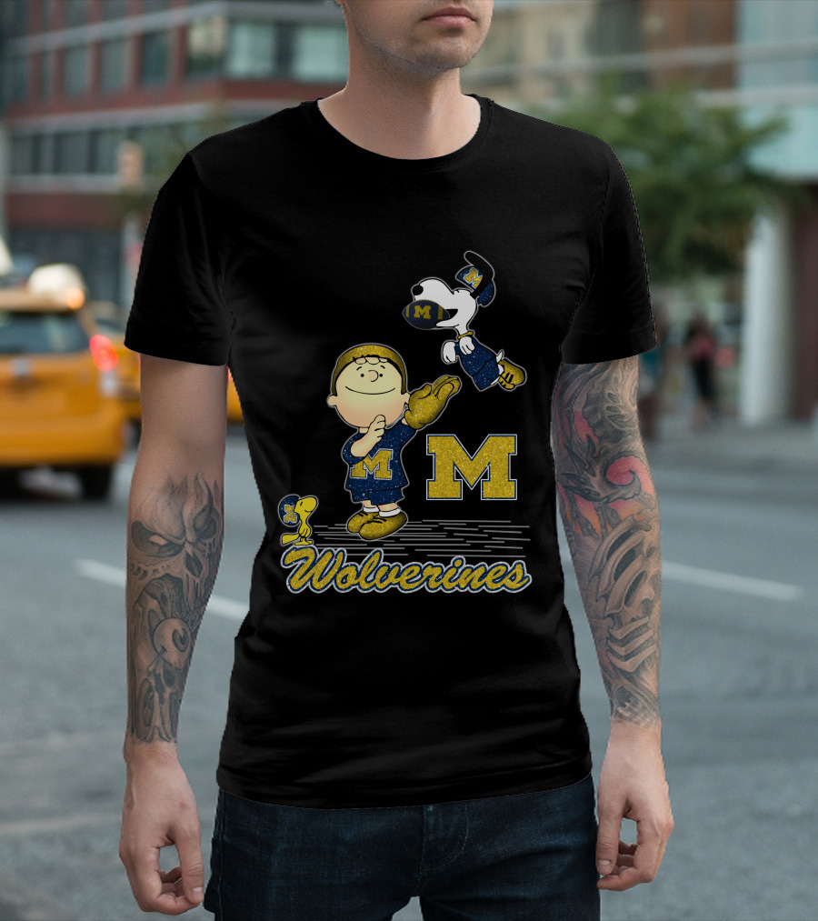 Snoopy and Wolverines Enthusiastic Team Spirit with Peanuts Characters T-Shirt