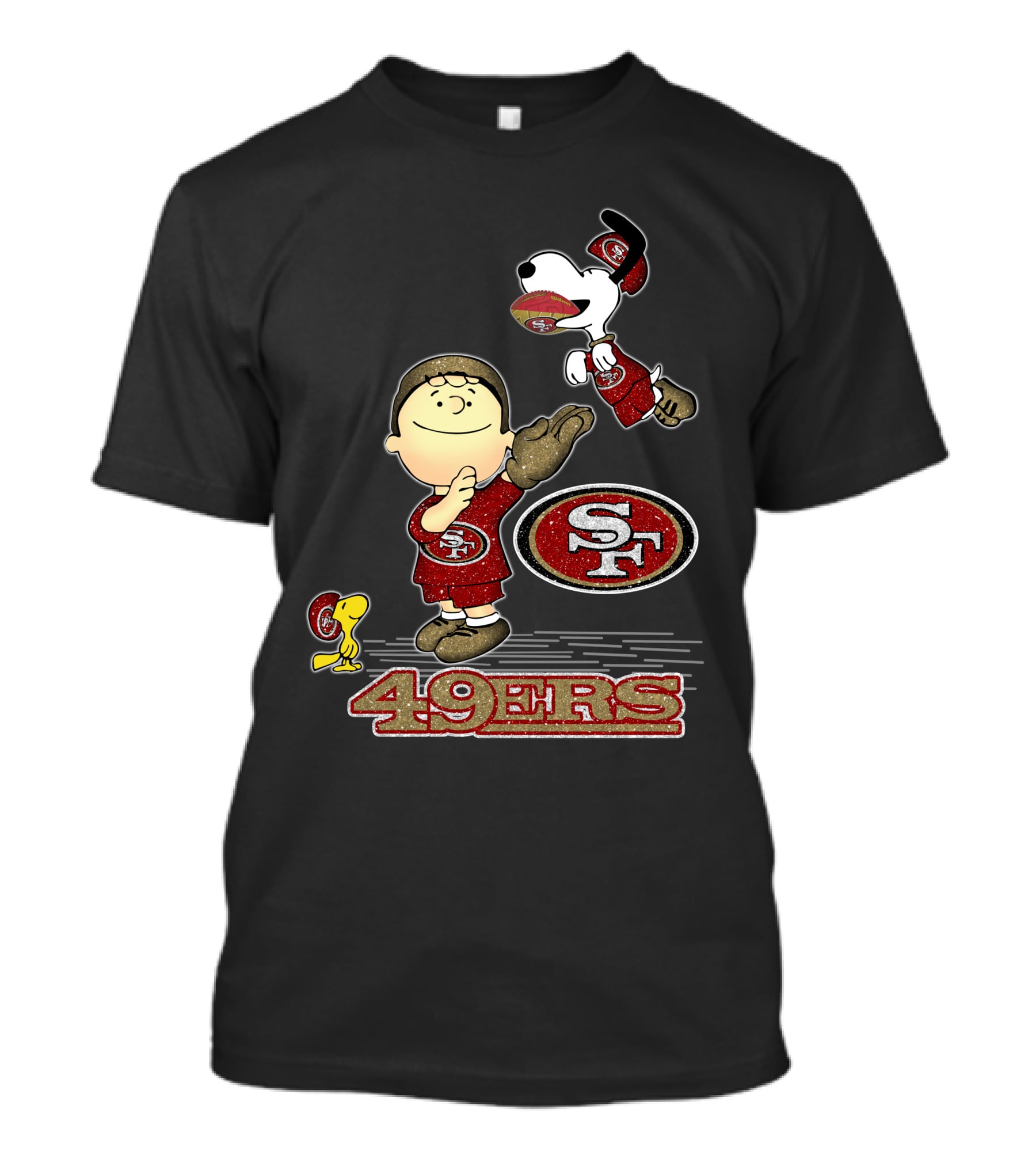 Snoopy And Woodstock With San Francisco 49ers Sf Logo In Red And Gold T-Shirt