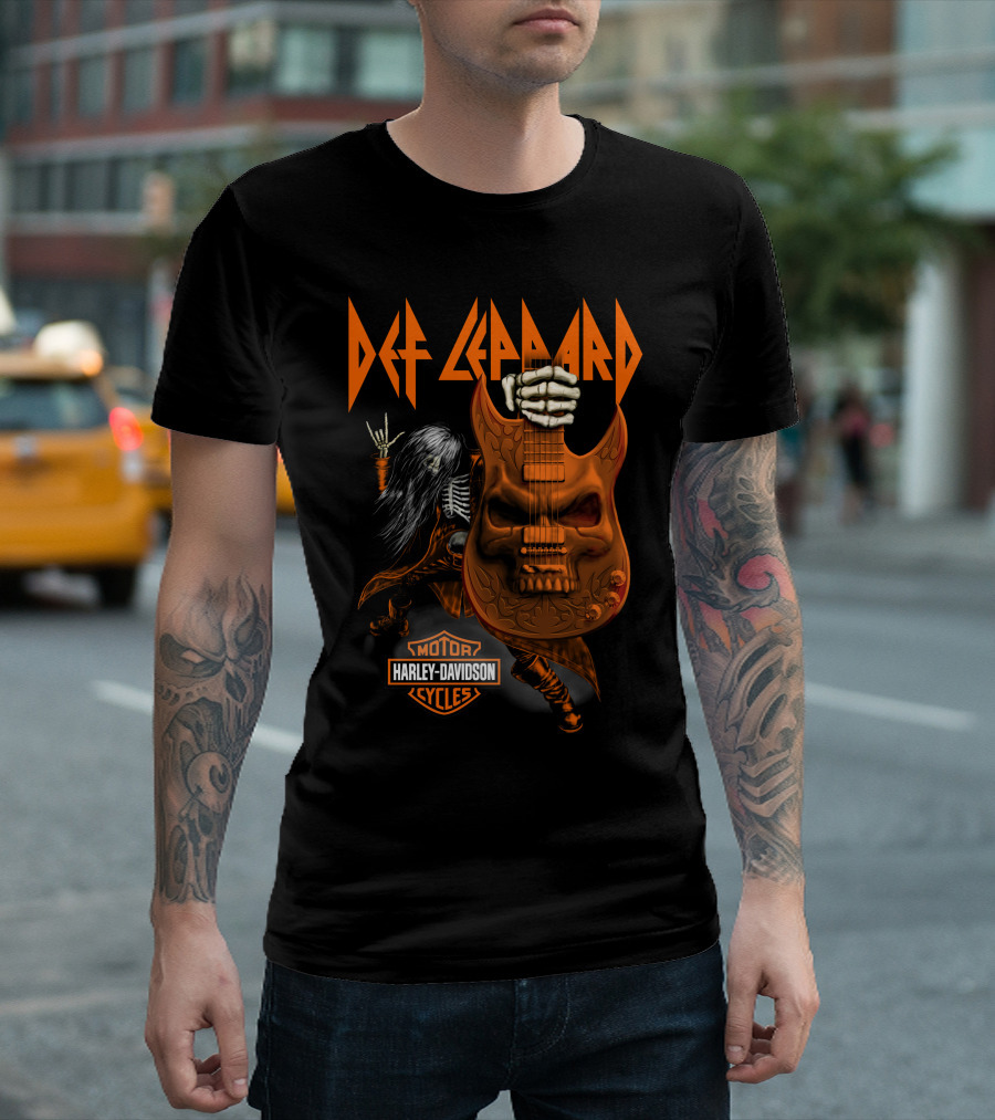 Def Leppard Harley Davidson Skull Guitar Skeleton Rock T-Shirt
