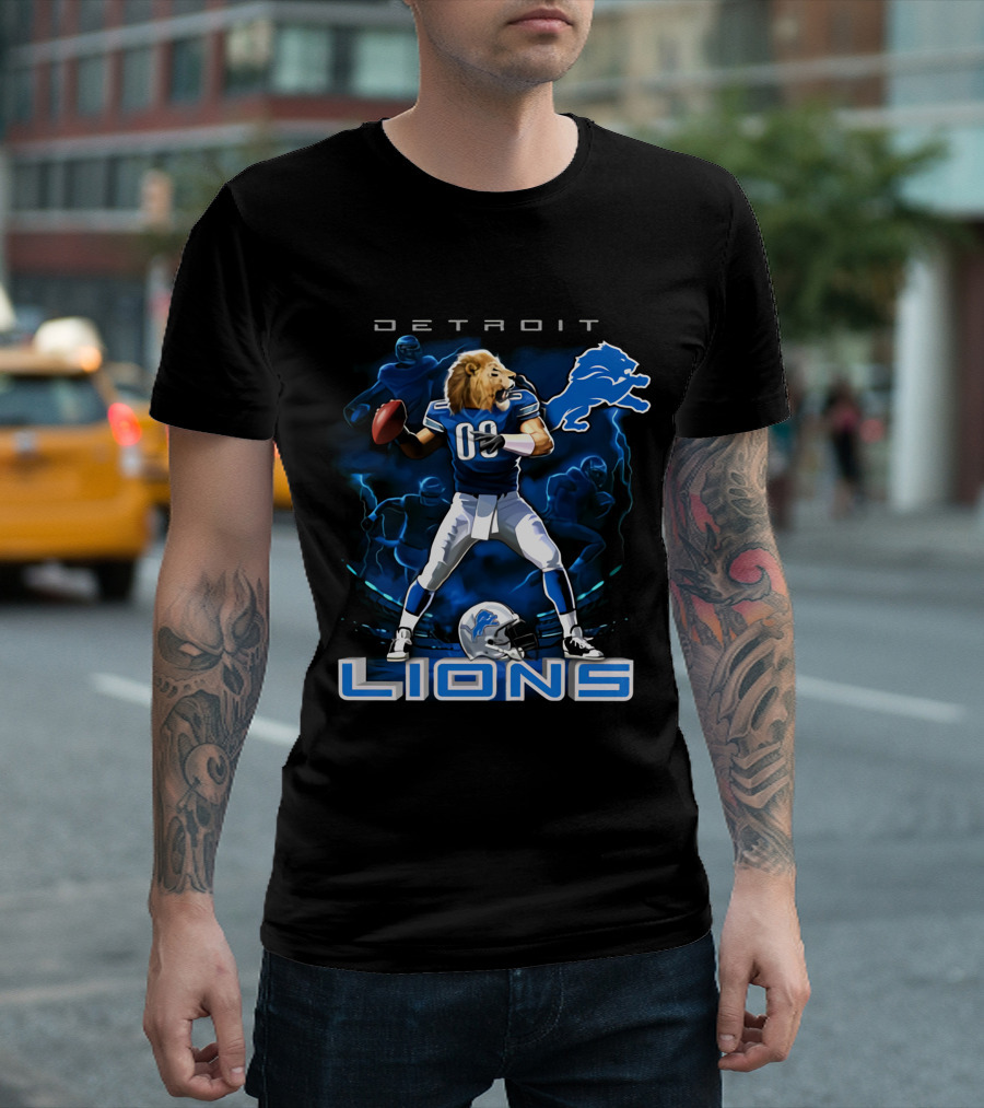 Detroit Lions Lion-Headed Quarterback Action Fantasy Scene T-Shirt