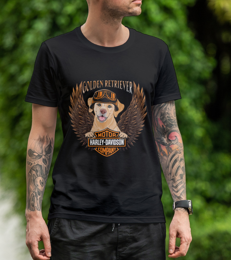 Harley Davidson Golden Retriever Motor Company Winged Logo T-Shirt