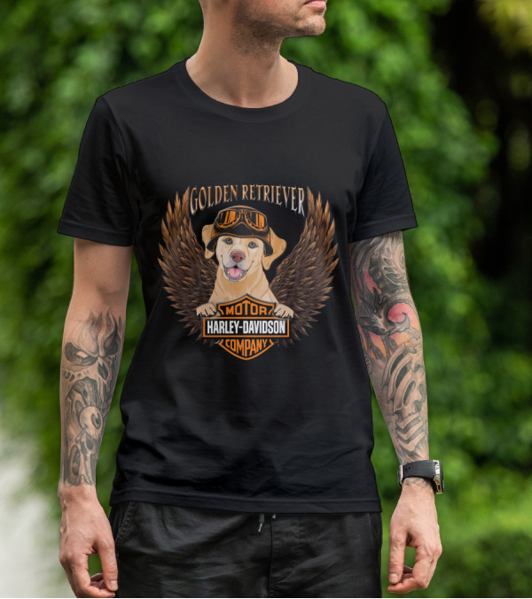 Harley Davidson Golden Retriever Motor Company Winged Logo T-Shirt