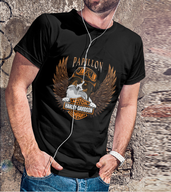 Papillon Harley Davidson Motor Company Wings Dog With Goggles T-Shirt