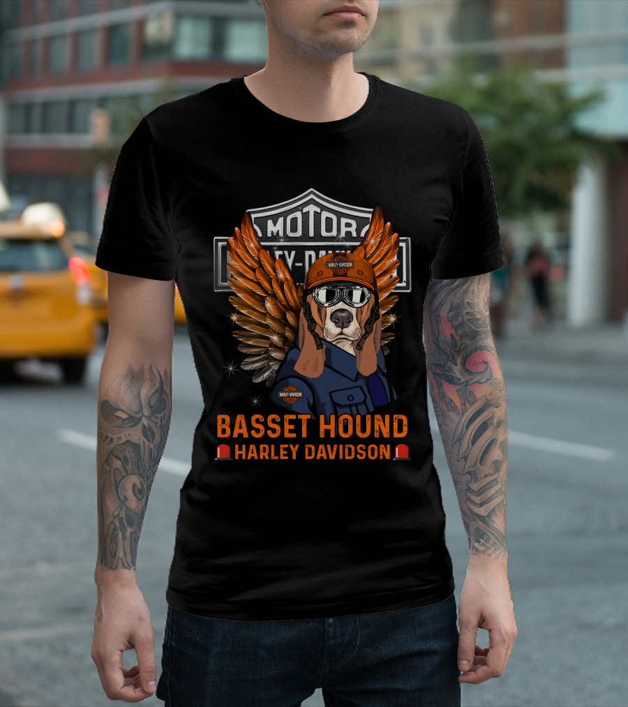Basset Hound Harley Davidson Motorcycles Winged Helmet Riding Theme T-Shirt