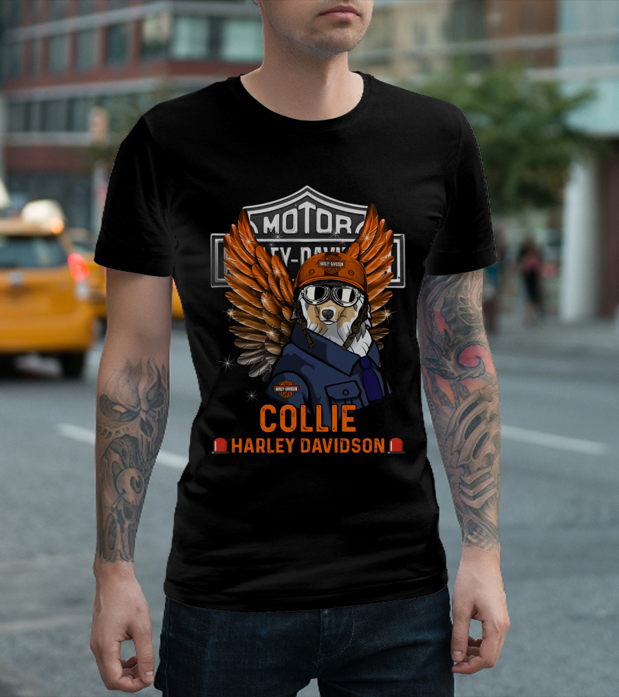 Collie Harley Davidson Wings Motocycle Motor Hd Orange Helmet Dog T-Shirt