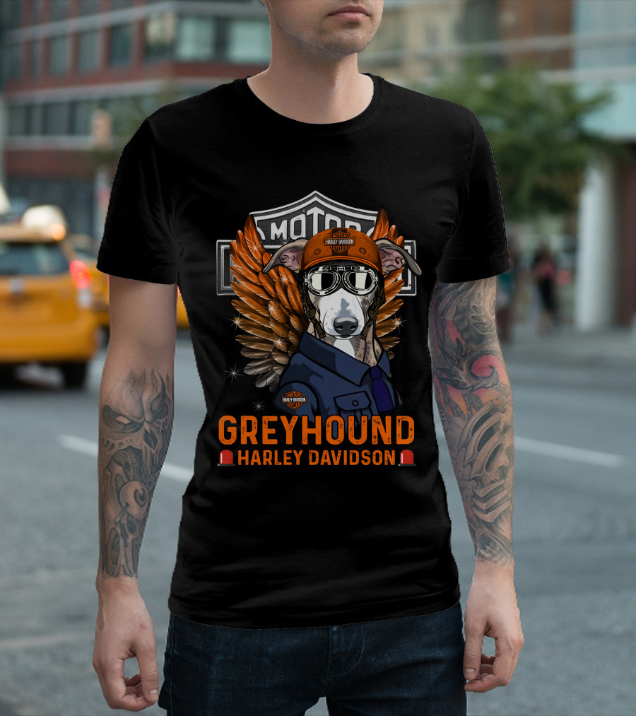 Greyhound Harley Davidson With Wings And Helmet T-Shirt