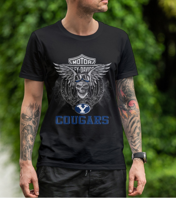 Byu Cougars Harley Davidson Motorcycle Wings Skull Ncaa Football Fans T-Shirt