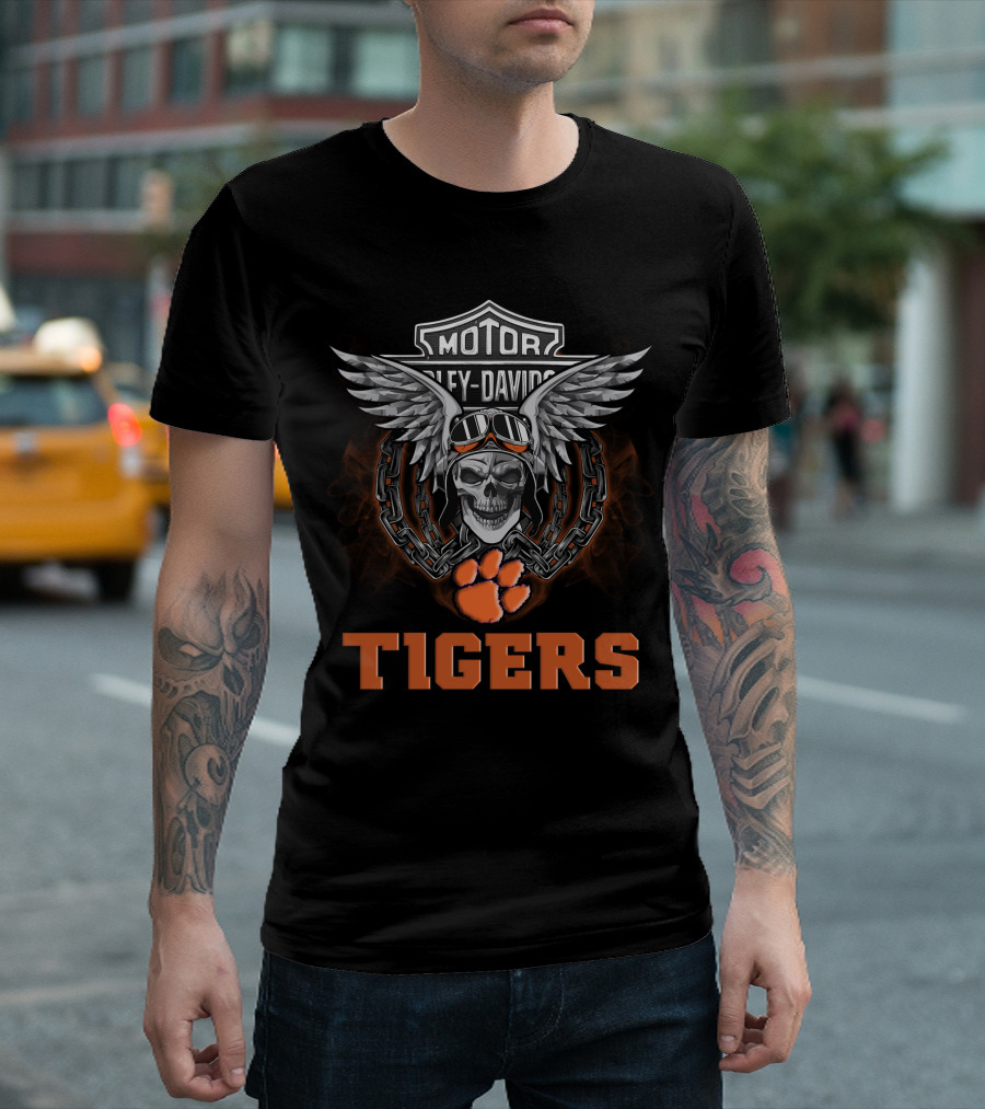 Tigers Hd Clemson Tigers Ncaa Football Fans Harley Davidson Skull Wings Chain T-Shirt