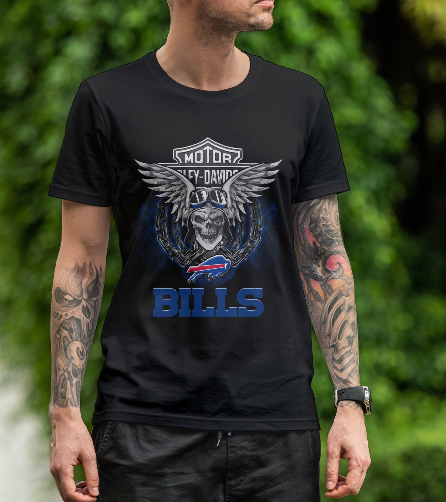 Motor Harley Davidson Buffalo Bills Nfl Football Fans Skull Wings T-Shirt