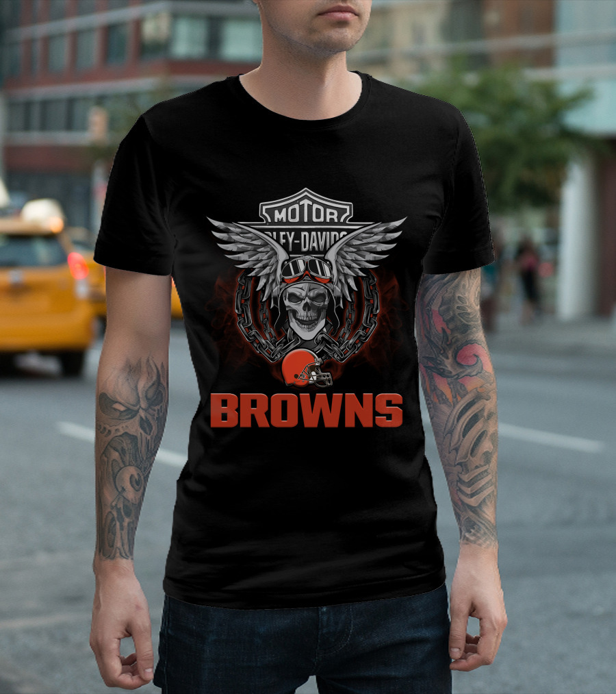 Motor Harley Davidson Browns Nfl Football Skull And Chain Helmet Wings T-Shirt