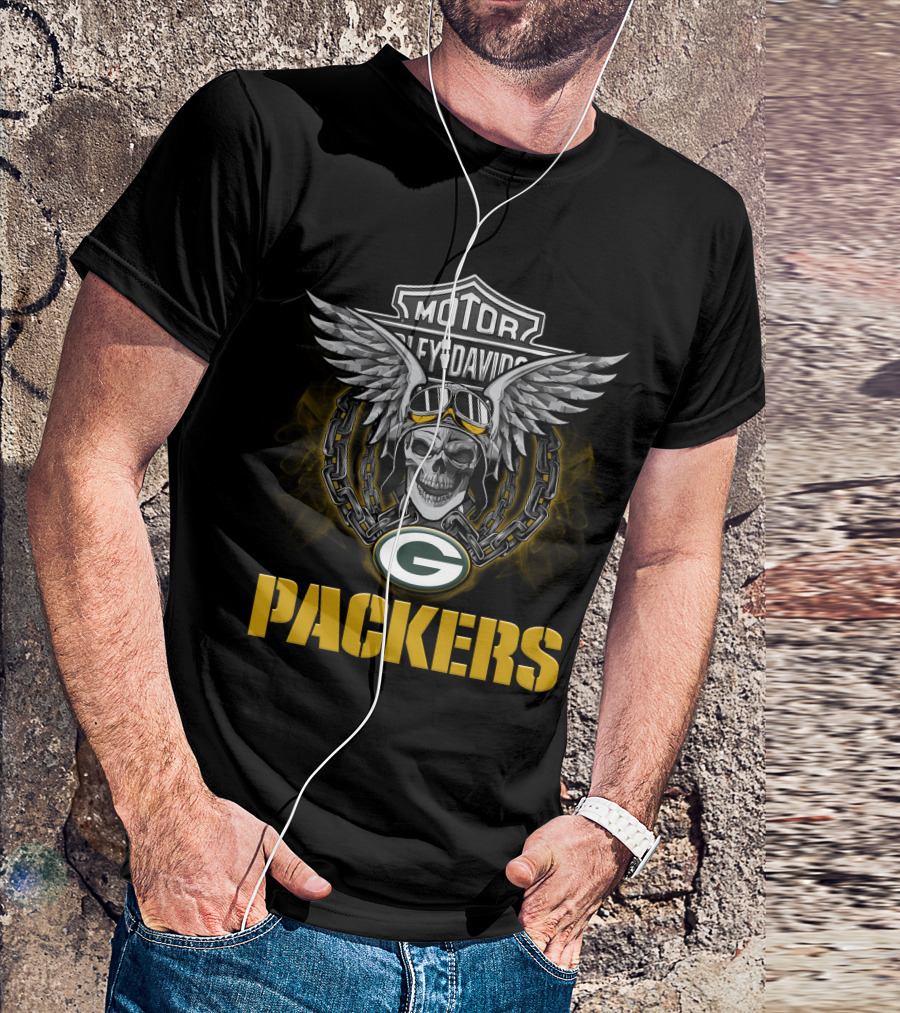 Motor Harley Davidson Green Bay Packers Wings Skull Nfl Football Fans T-Shirt