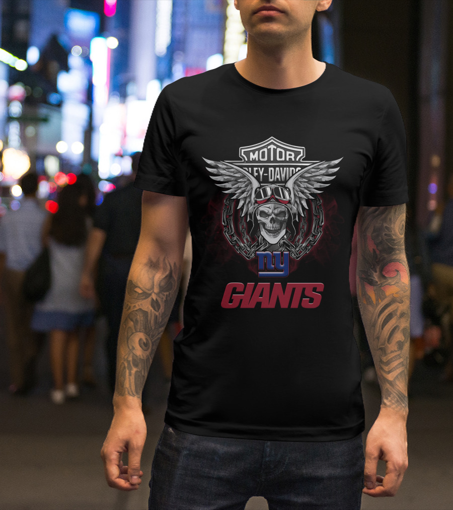 Motor Harley Davidson Ny Giants Skull Wings Nfl Football Fans T-Shirt