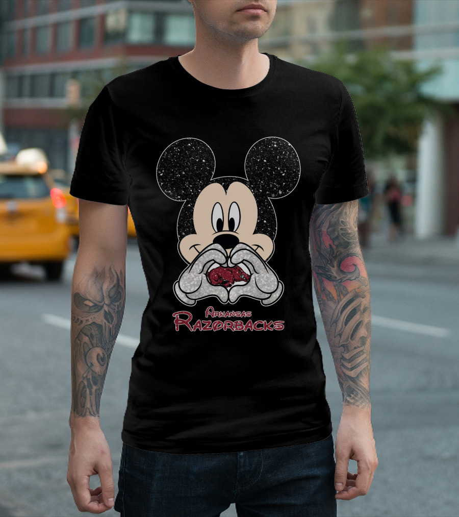 Mickey Mouse Heart Hands Arkansas Razorbacks Football T-Shirt