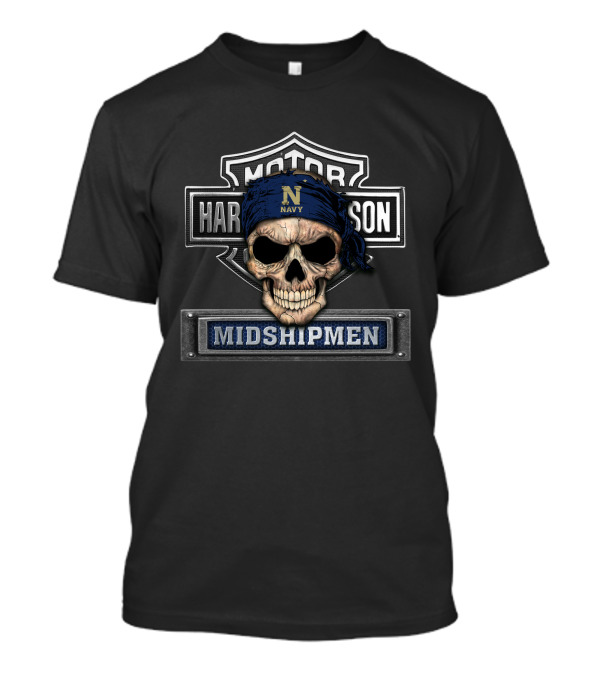 Navy Midshipmen Skull With Harley Davidson Shield T-Shirt