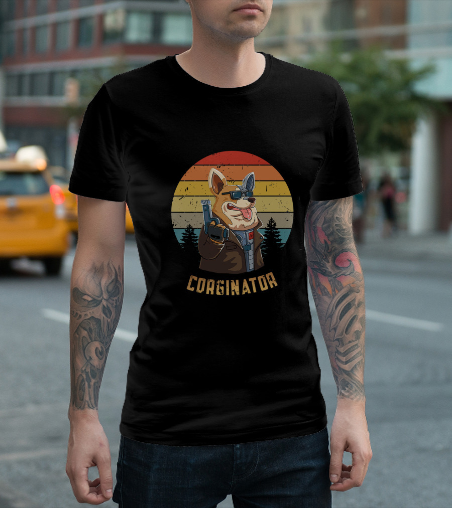 Corginator Dog With Sunglasses And Cybernetic Arm Retro Sunset T-Shirt