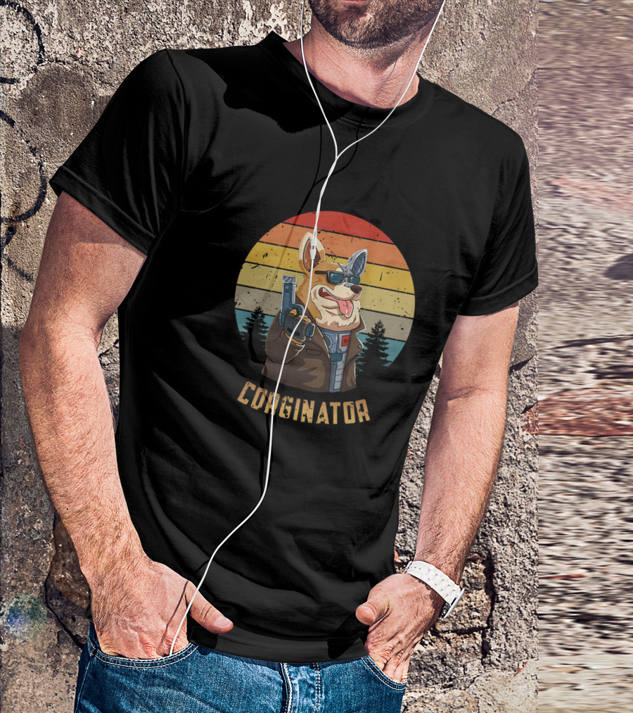 Corginator Dog With Sunglasses And Cybernetic Arm Retro Sunset T-Shirt