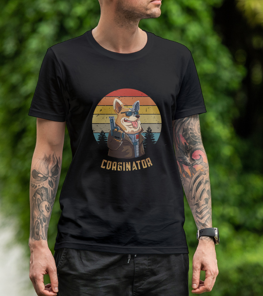 Corginator Dog With Sunglasses And Cybernetic Arm Retro Sunset T-Shirt