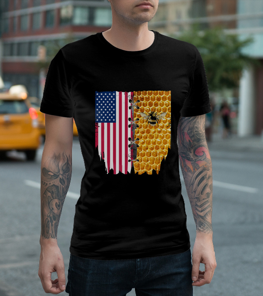 Bee and American Flag Honeycomb Fusion T-Shirt