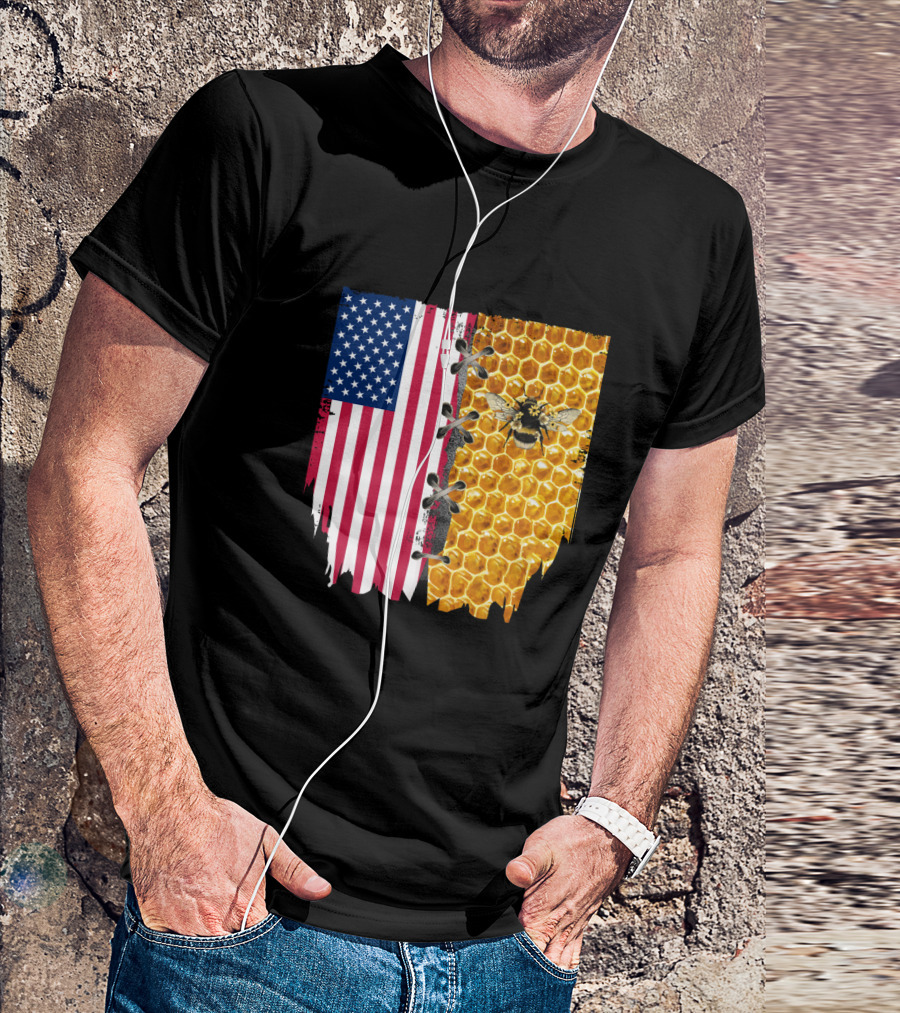 Bee And American Flag Honeycomb Fusion T-Shirt