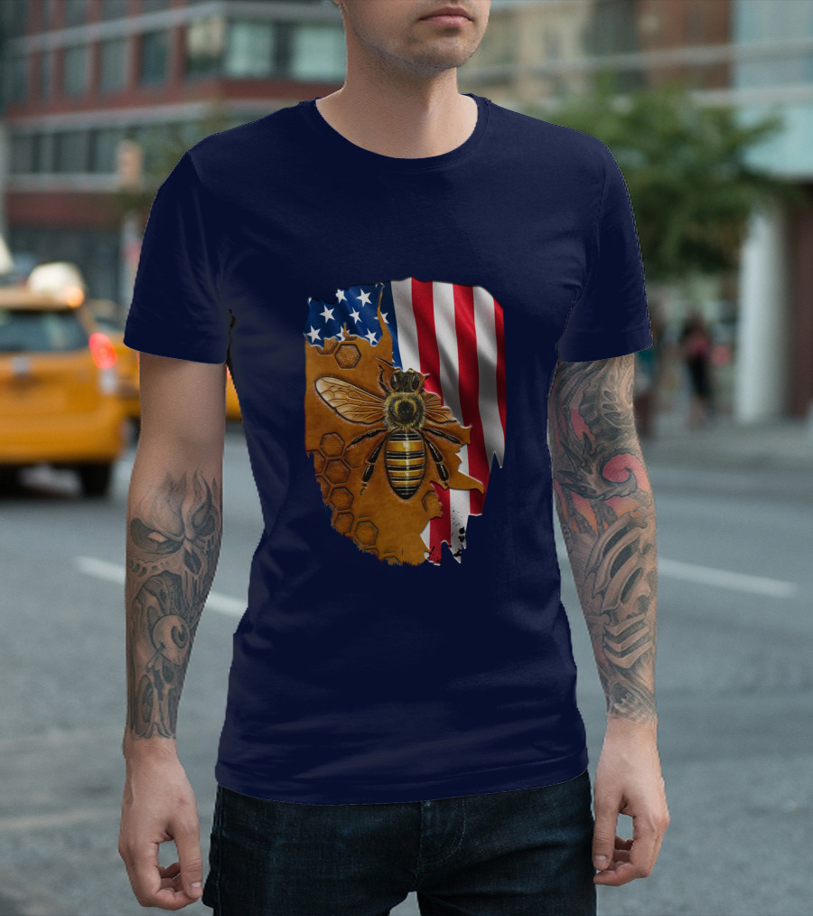 Beautifull Bee American Flag Honeycomb T-Shirt