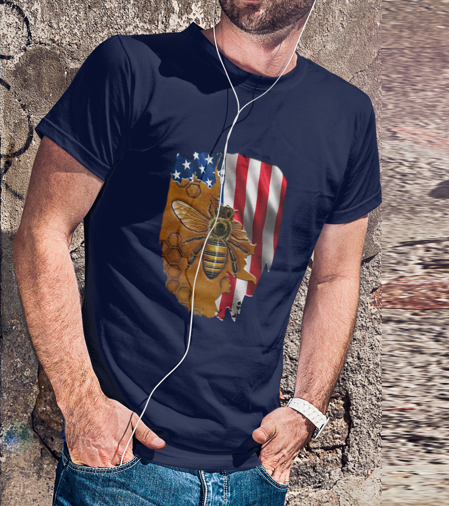 Beautifull Bee American Flag Honeycomb T-Shirt
