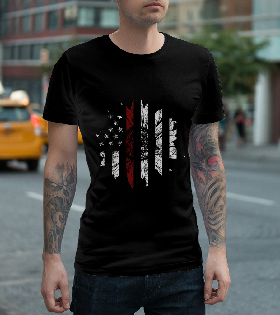 Thin Red Line American Flag Sunflower T-Shirt