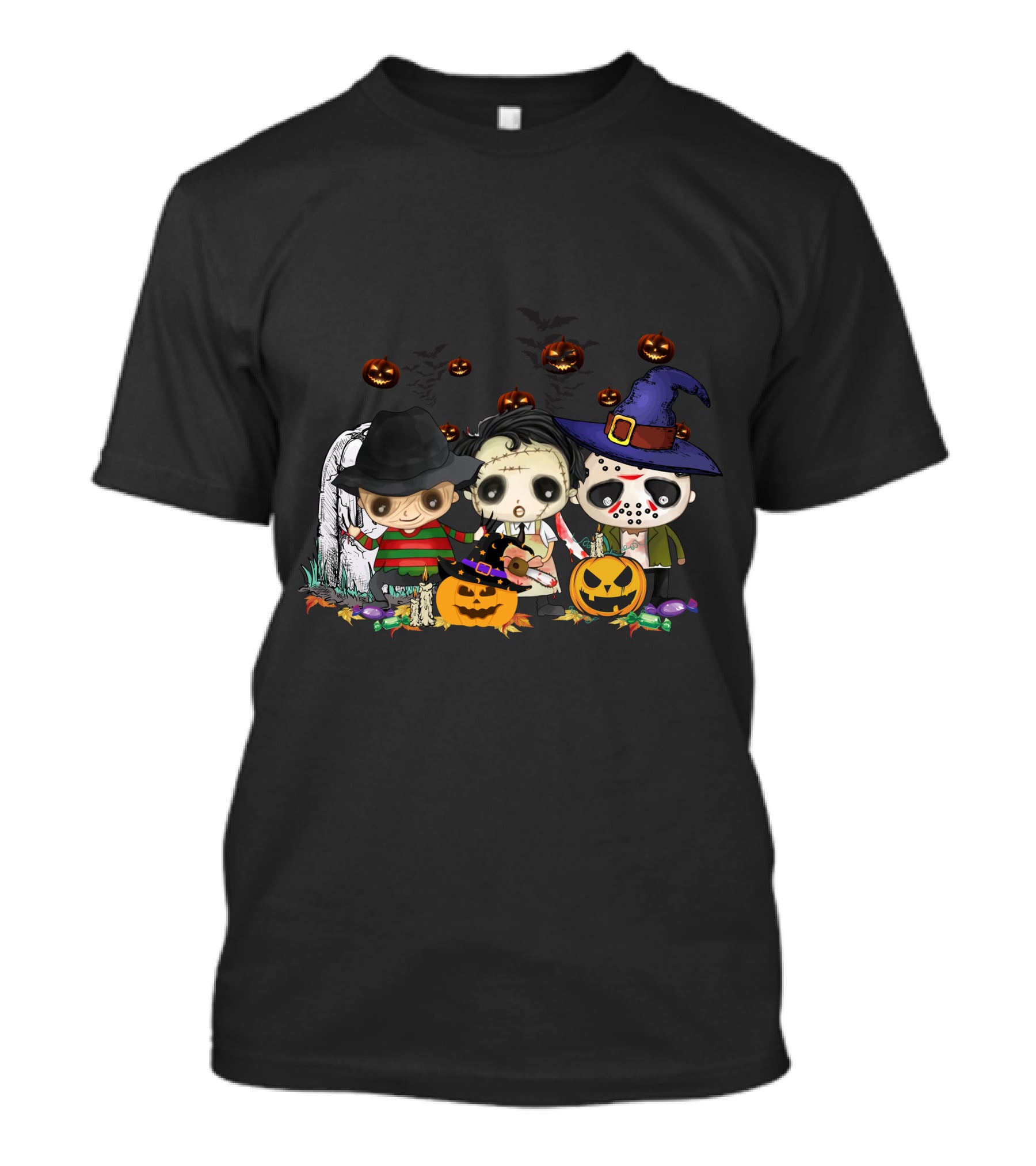 Halloween Horror Icons Trio With Jack-O'-Lanterns And Candy T-Shirt