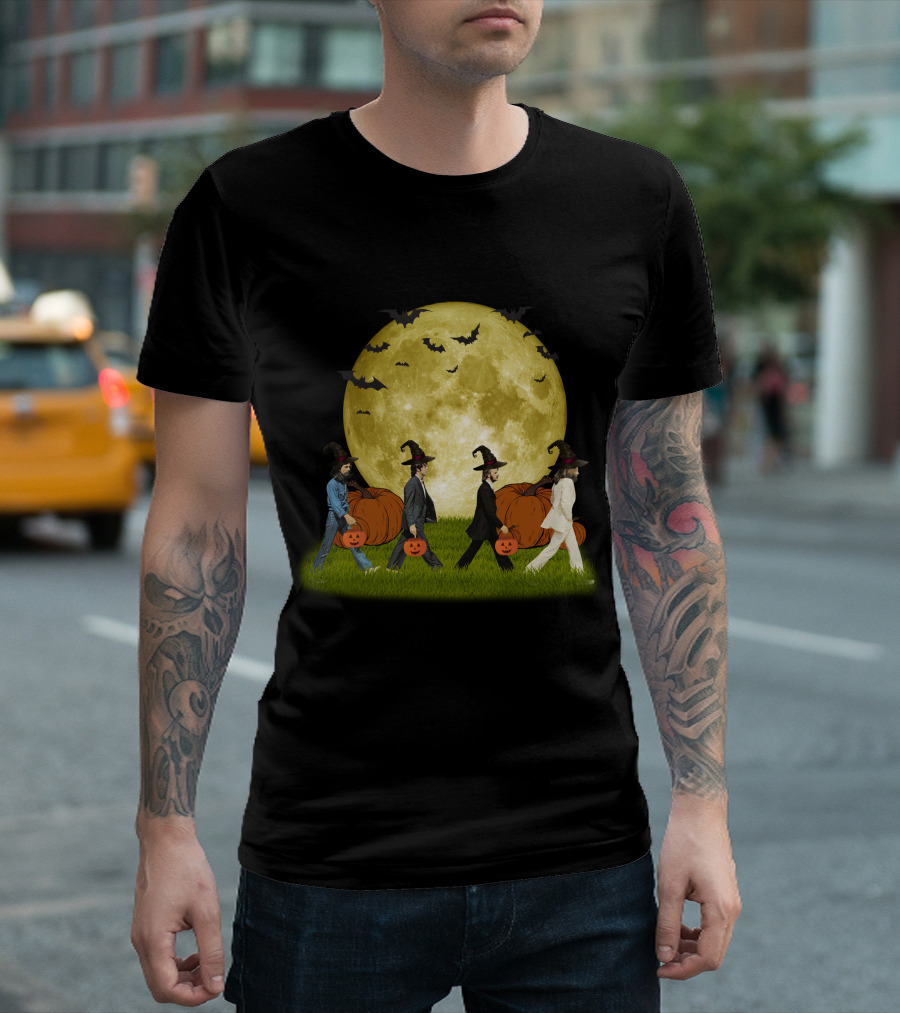 Abbey Road Halloween Crossing with Pumpkins and Witches Under Full Moon T-Shirt