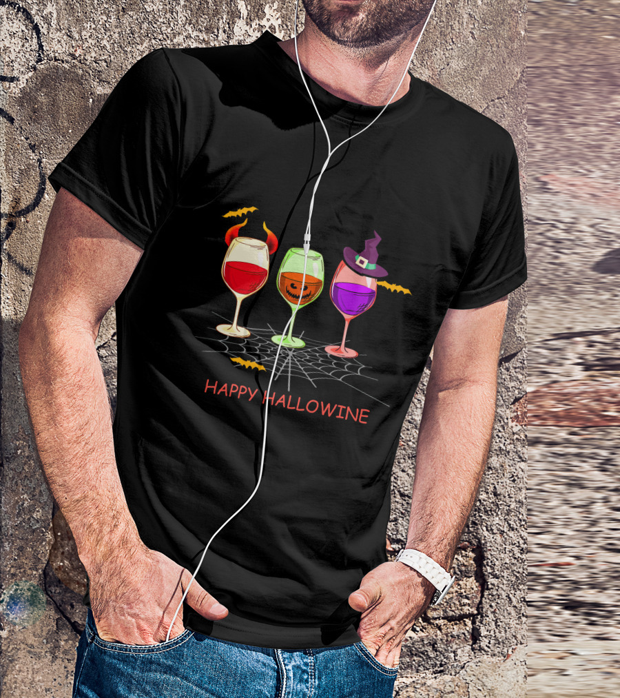 Happy Hallowine Wine Glasses Halloween Witch Hat Jack O'Lantern T-Shirt